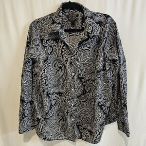 LRL Lauren Ralph Lauren 100% Cotton Button Front Shirt Paisley Blue White 2X